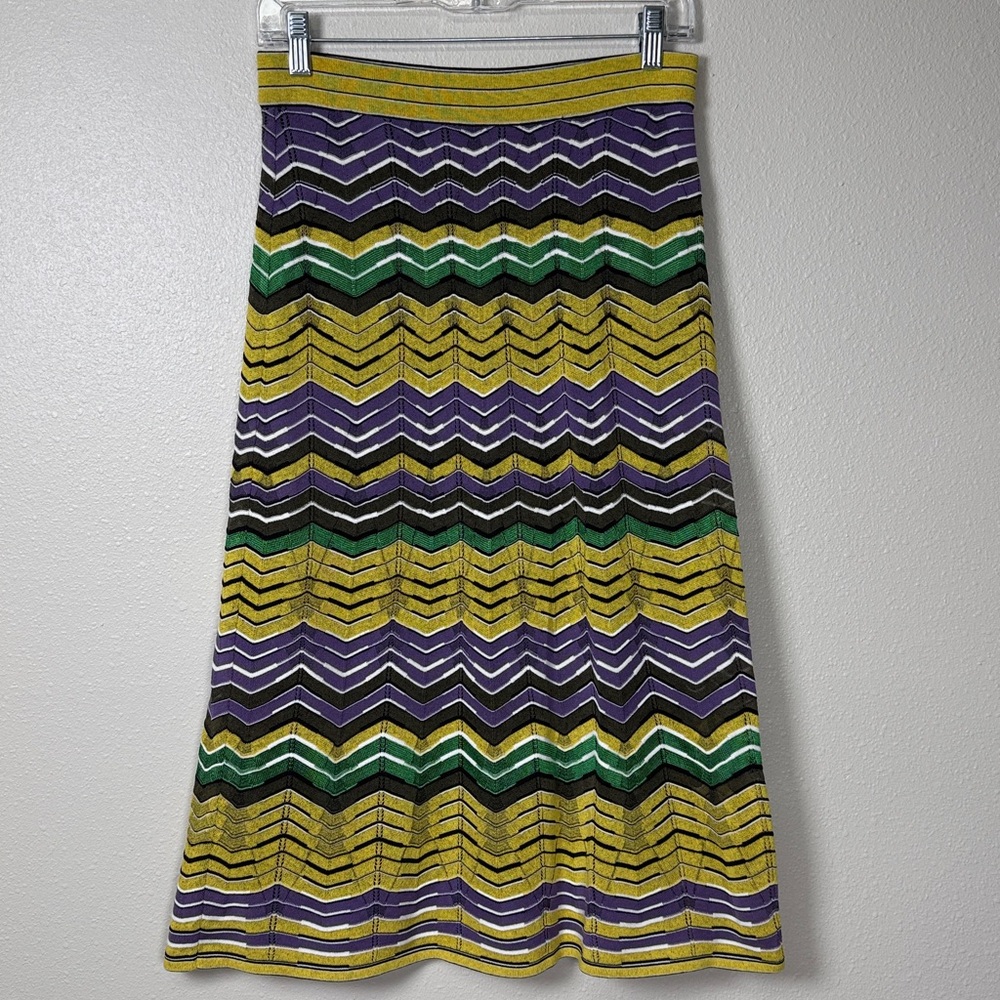 M Missoni ZigZag Knit Midi Skirt Italy 42 S/M Stretch PullOn Mardi Gras Colorful